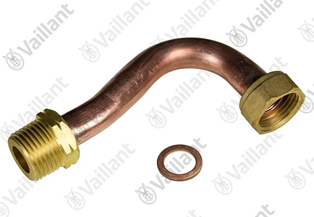 Kupferrohr mit einem gewundenen Ende und zwei Verbindungsteilen, davon eines mit Außengewinde und eines mit Innengewinde. Marke: Vaillant.